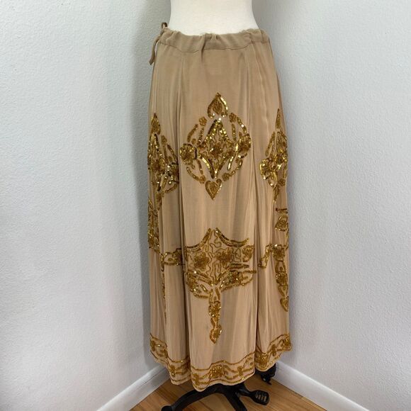 Soft Surroundings Mocha Gold Sequin Full Maxi Skirt Large Festival Gypsy Fairy - Picture 9 of 13
